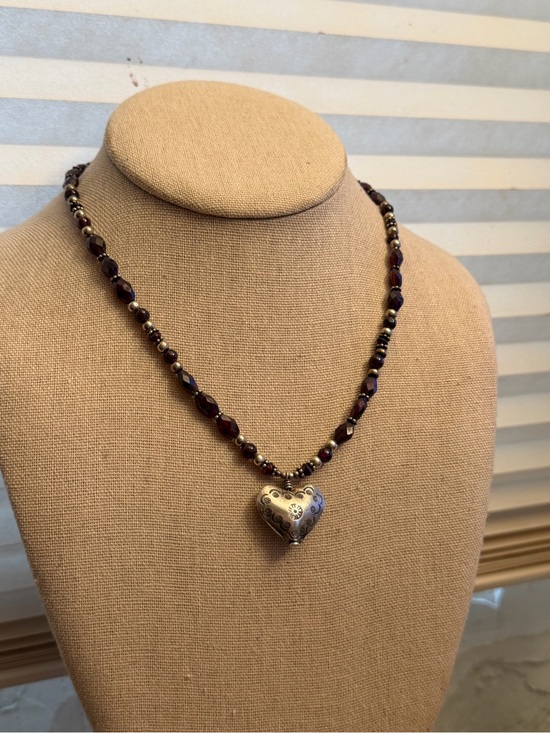 Jewelry - Heart Pendant with faceted garnets & silver beads Necklace - SS lobster clasp